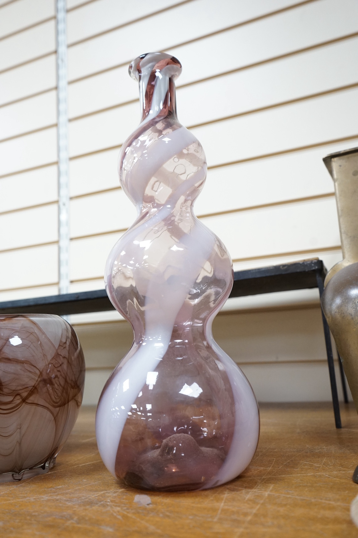 Two Italian Empoli glass bottles and two other vases, largest 40cm high. Condition - good